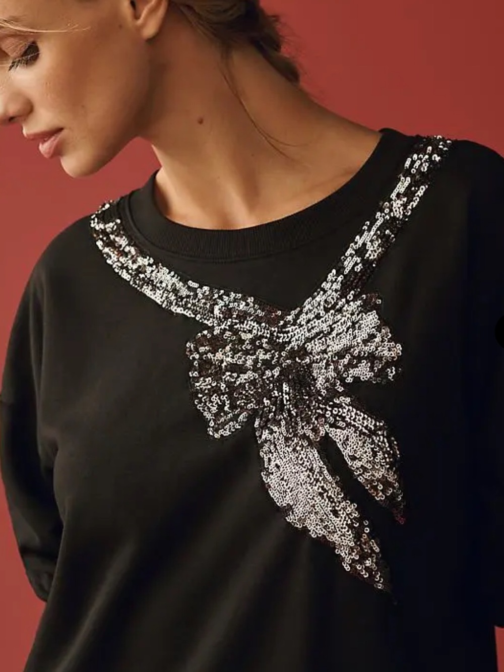 Anthropologie Maeve Black Sequin Bow Accent Women's Top